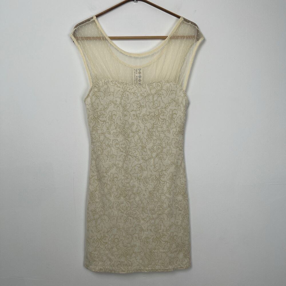 Free People Starlight Mini‎ Dress Size S Cream Mesh Lurex Bodycon Neutral Summer